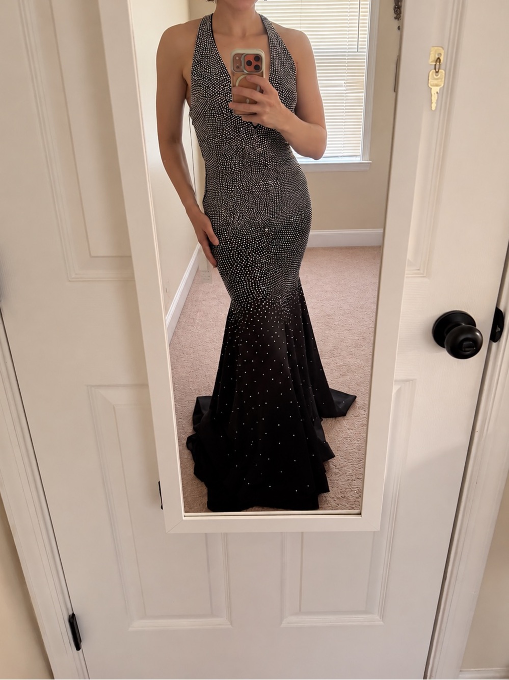 Black Halter Mermaid Prom Dress with AB Silver Crystal Accents